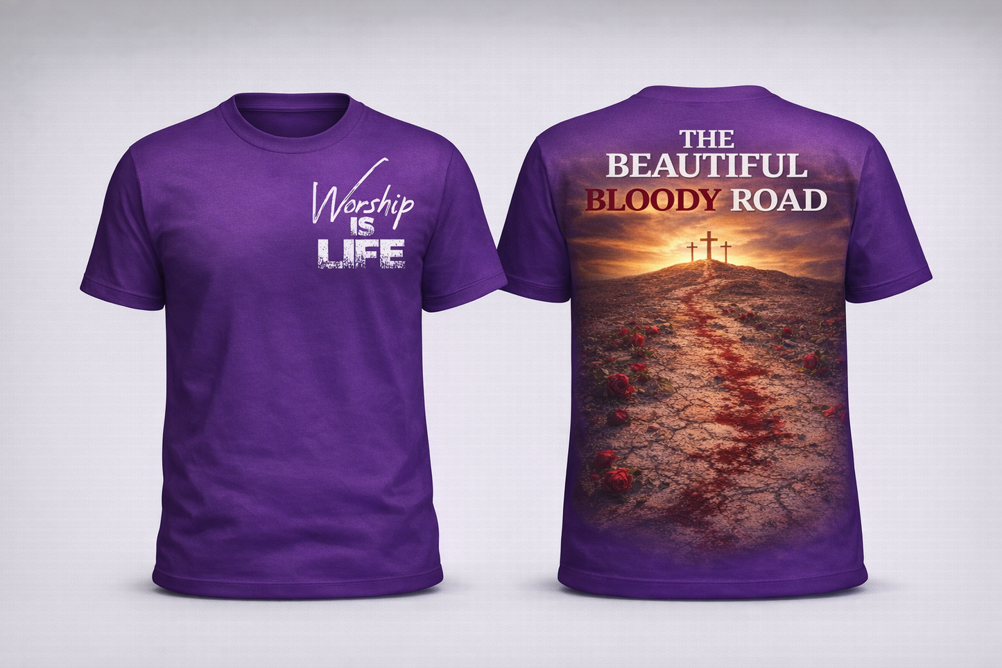 Worship Is Life Christian t-shirt front design in purple with bold faith statement lettering