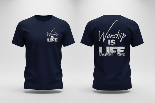 Navy blue t-shirt with 'Worship is Life' text on front and back against a white background