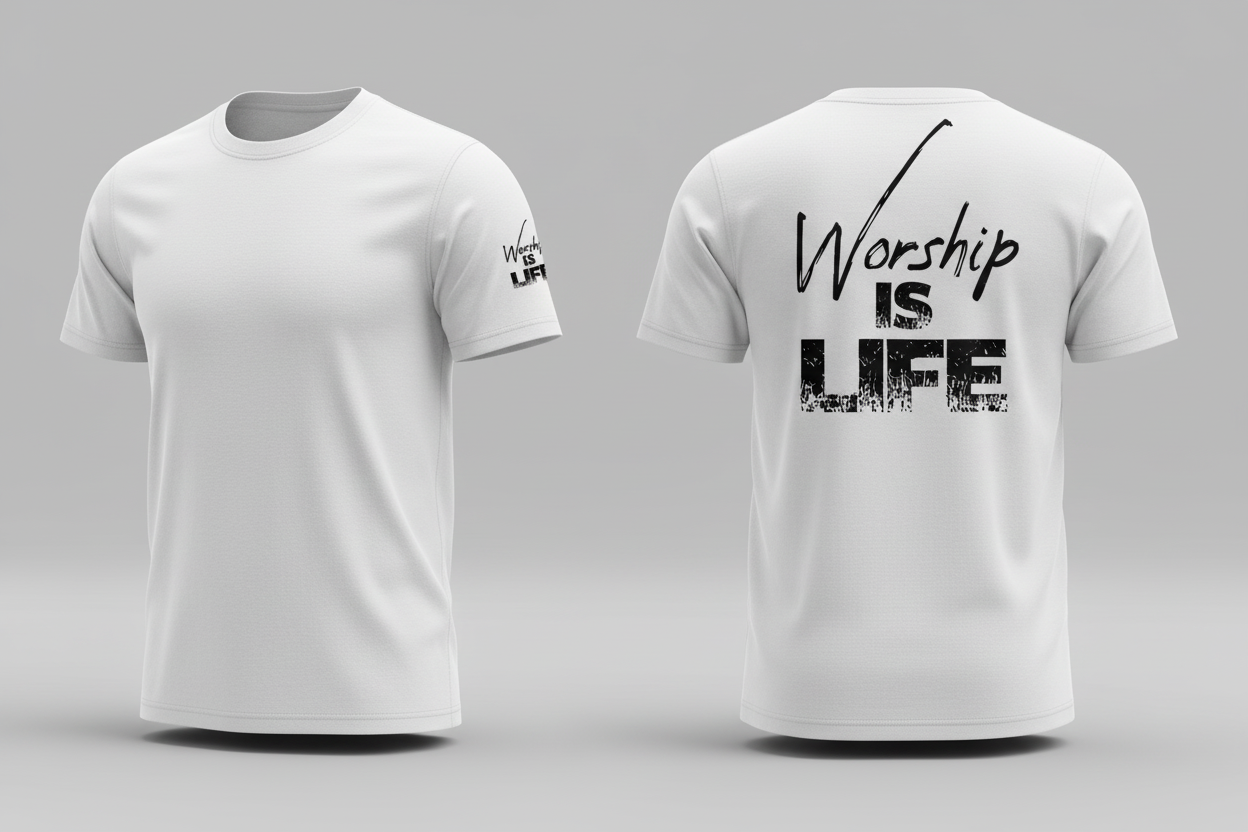 Worship is Life White T-Shirt Sleeve and Back