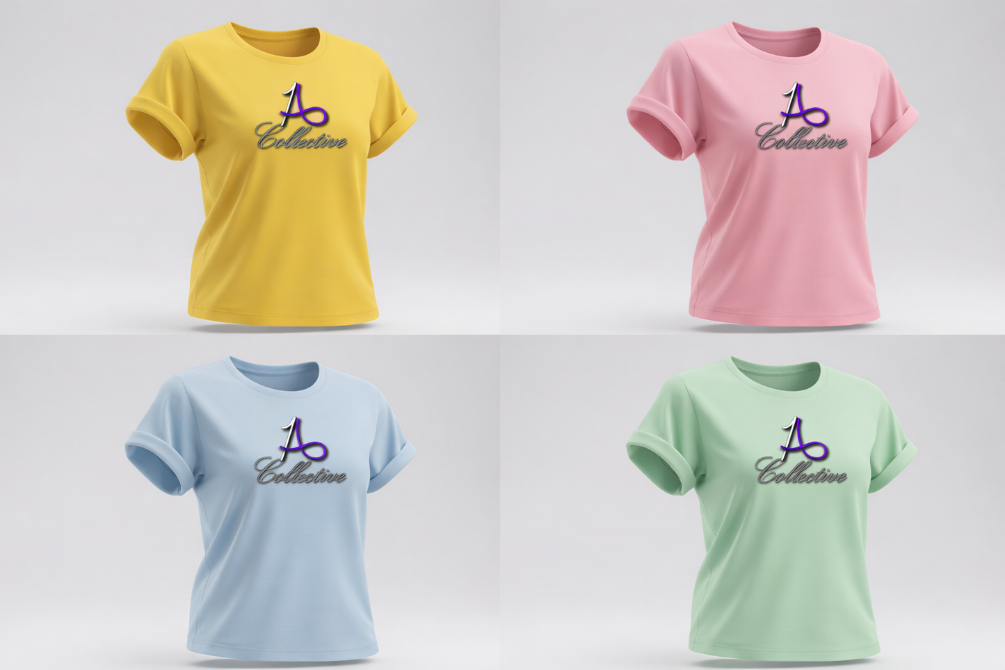 Four t-shirts in yellow, pink, blue, and green with a logo on a white background