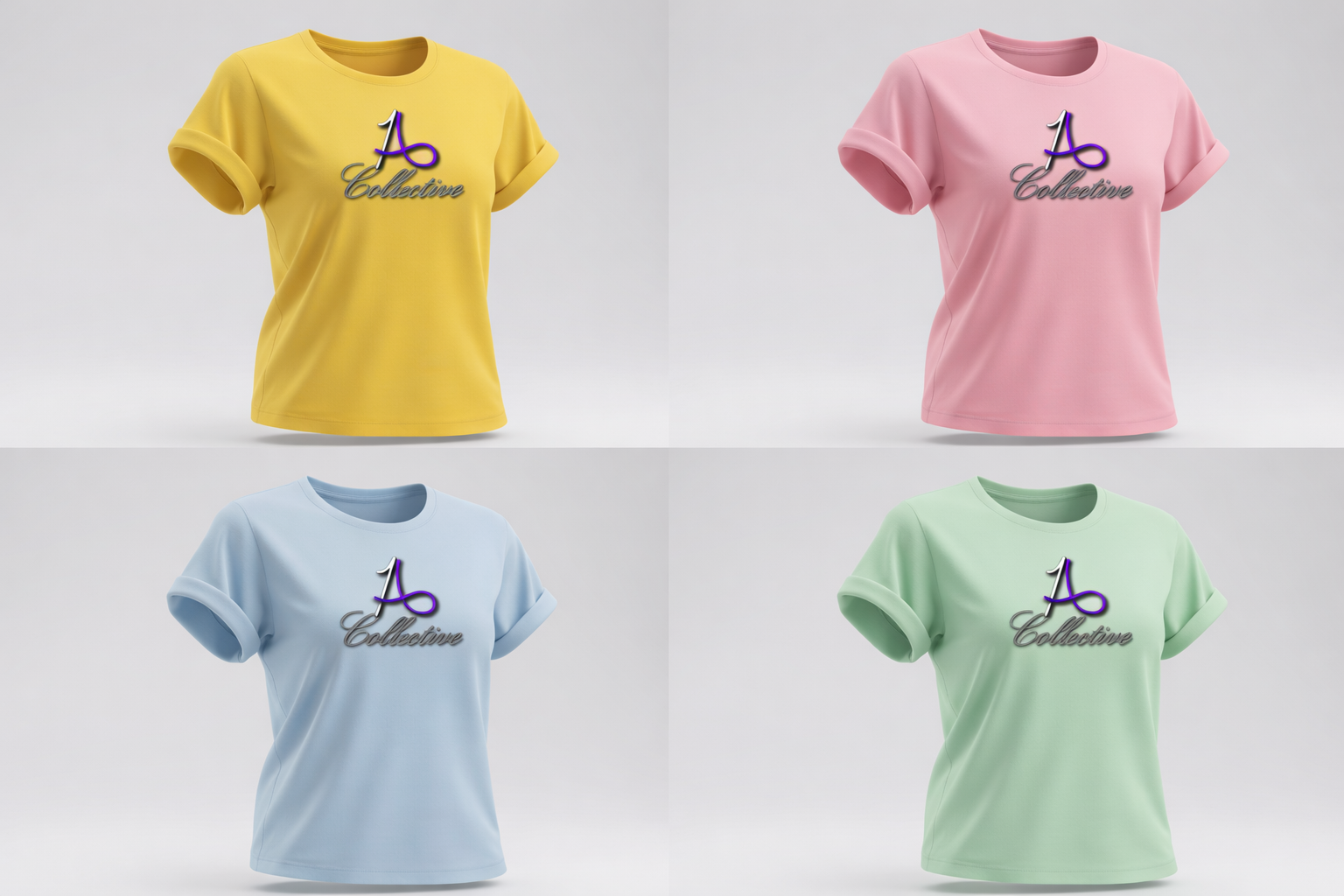 Four t-shirts in yellow, pink, blue, and green with a logo on a white background