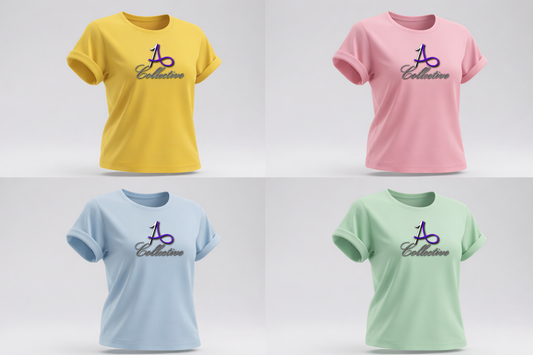 Four t-shirts in yellow, pink, blue, and green with a logo on a white background