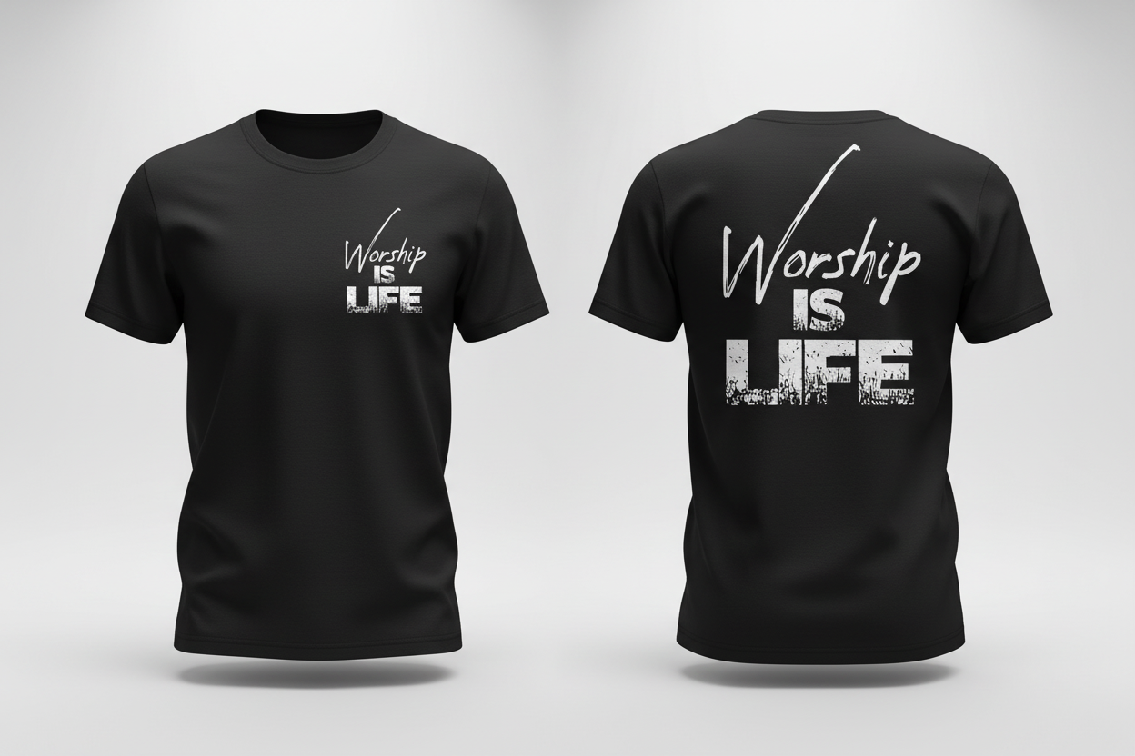 Black t-shirt with 'Worship is Life' text on front and back against a white background