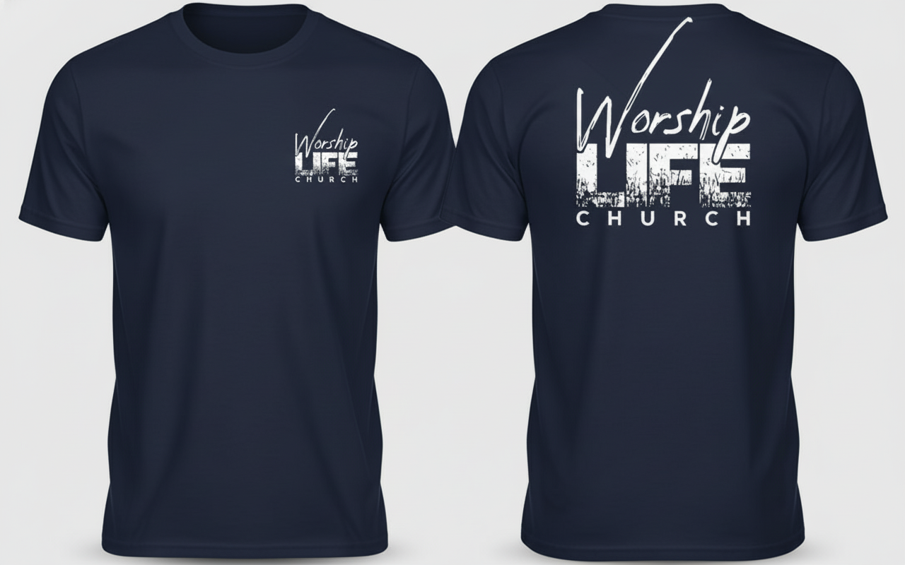 Navy blue t-shirt with 'Worship LIFE Church' text on front and back