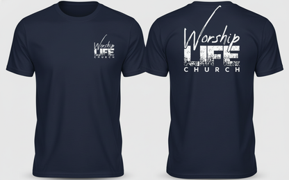 Navy blue t-shirt with 'Worship LIFE Church' text on front and back