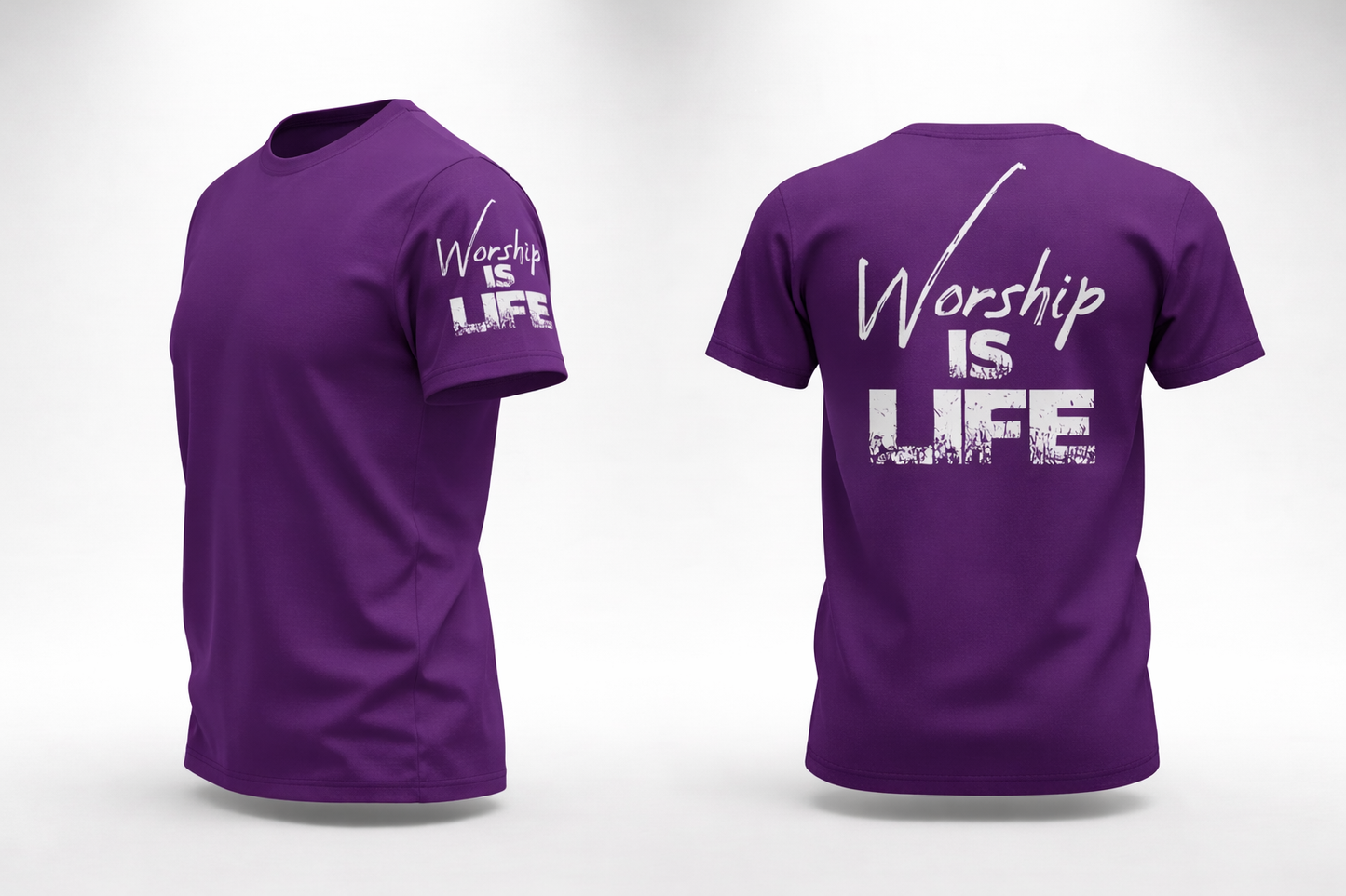 Purple t-shirt with 'Worship is Life' text on a white background