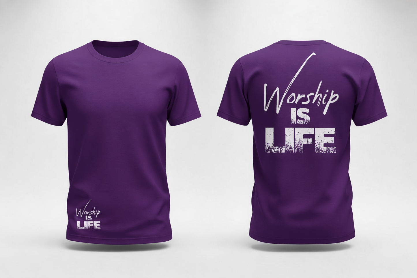 Purple t-shirt with 'Worship IS LIFE' text on a white background