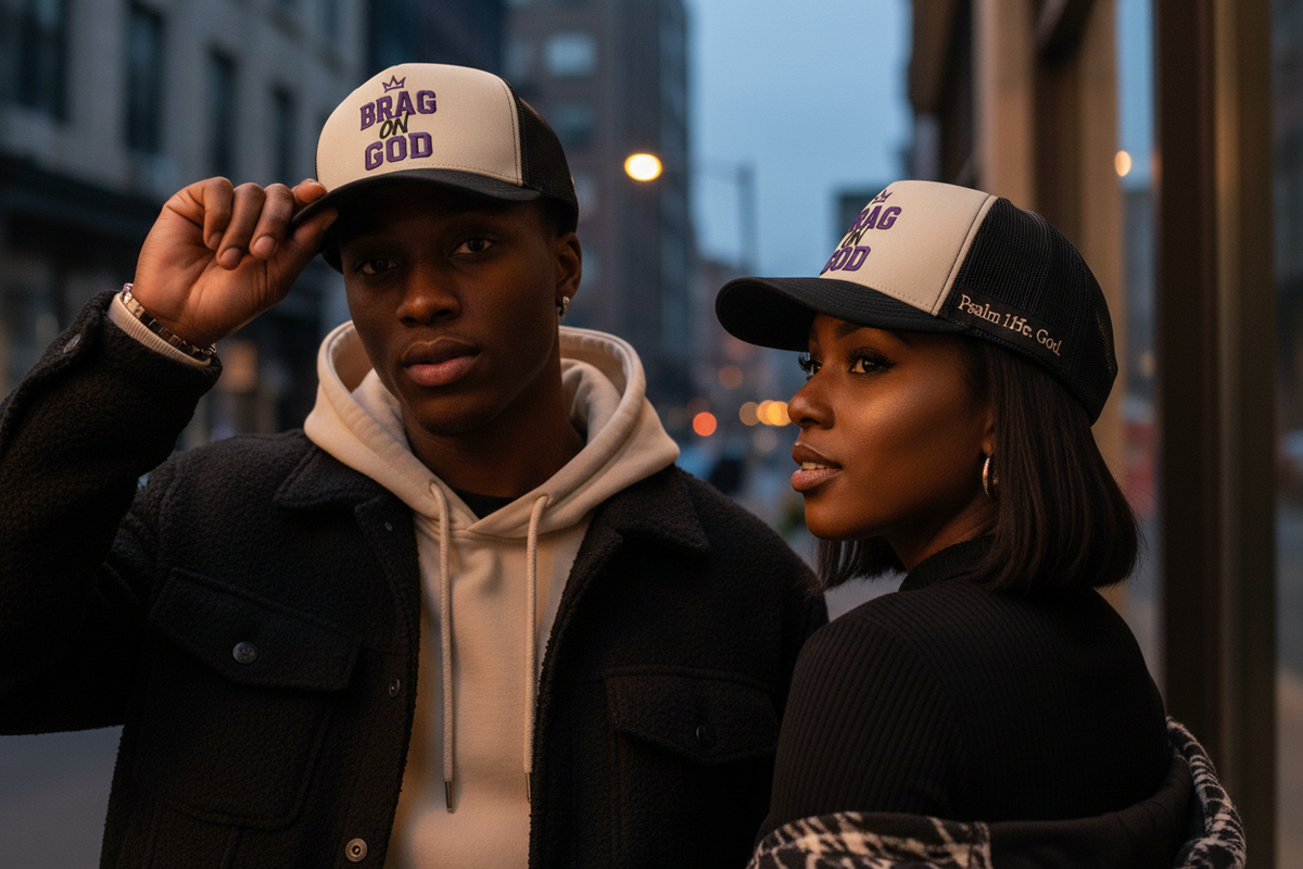 Brag on God Trucker Hat – Close-Up Lifestyle Shot