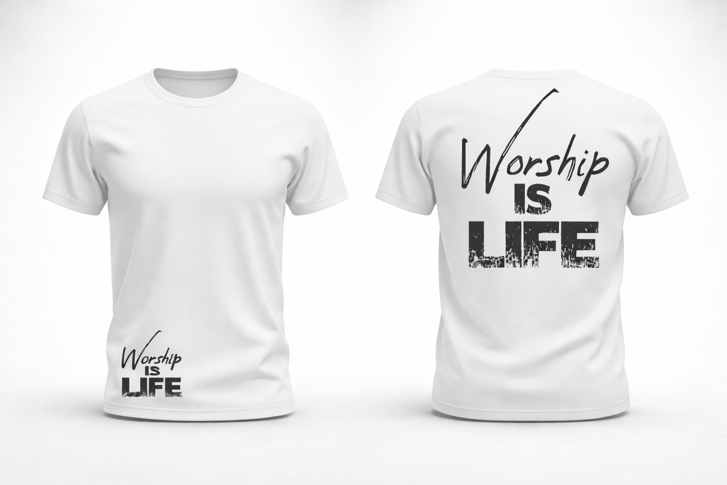 White t-shirt with 'Worship is Life' text on a white background