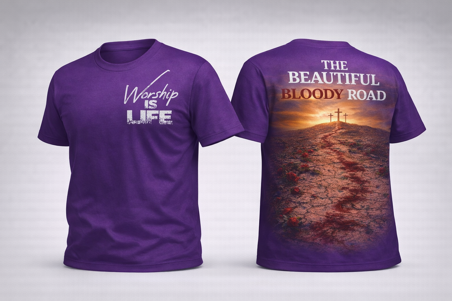 Purple Christian faith t-shirt front and back view from Worship Life featuring Beautiful Bloody Road artwork