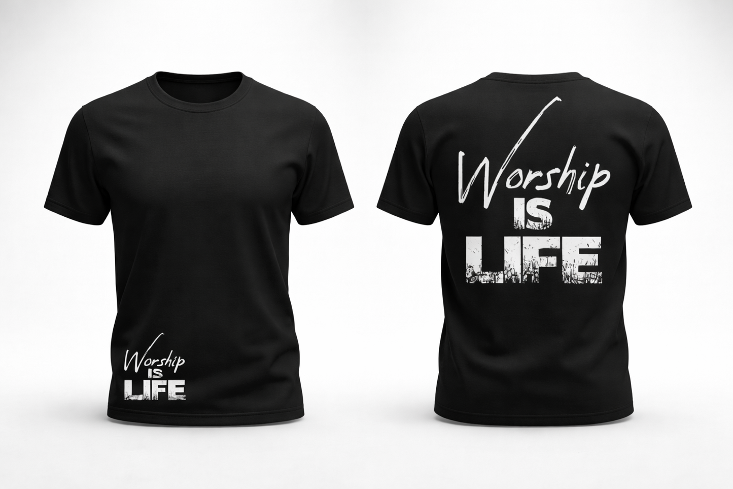Black t-shirt with 'Worship is Life' text on a white background