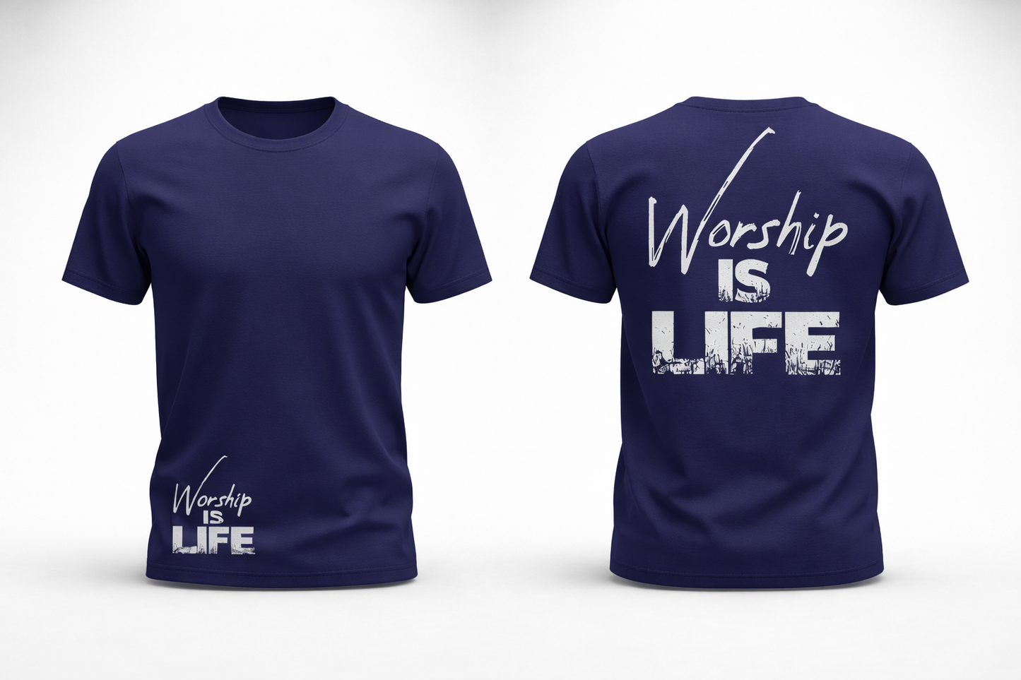 Navy blue t-shirt with 'Worship is Life' text on a white background
