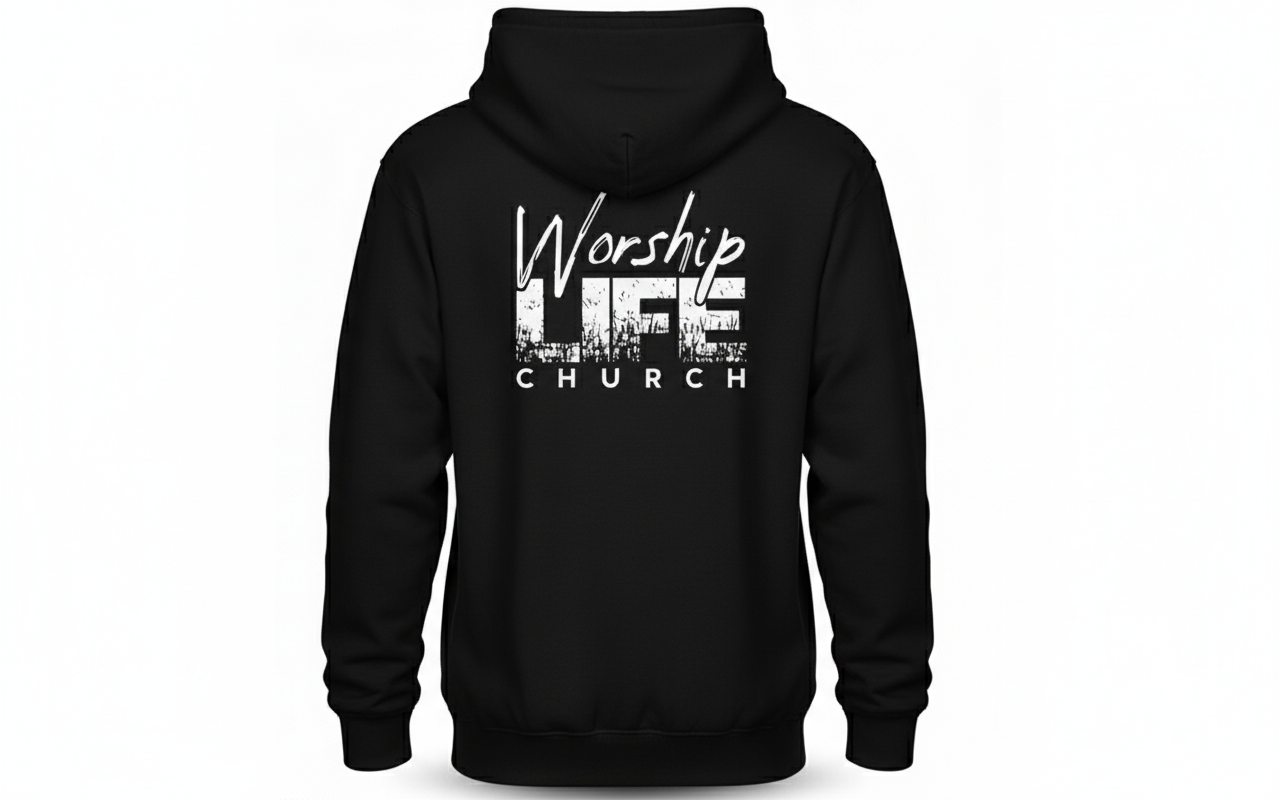 Black hoodie back view with large logo