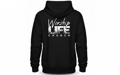 Black hoodie back view with large logo