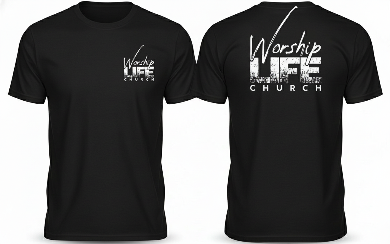 Black shirt with Worship Life Church logo