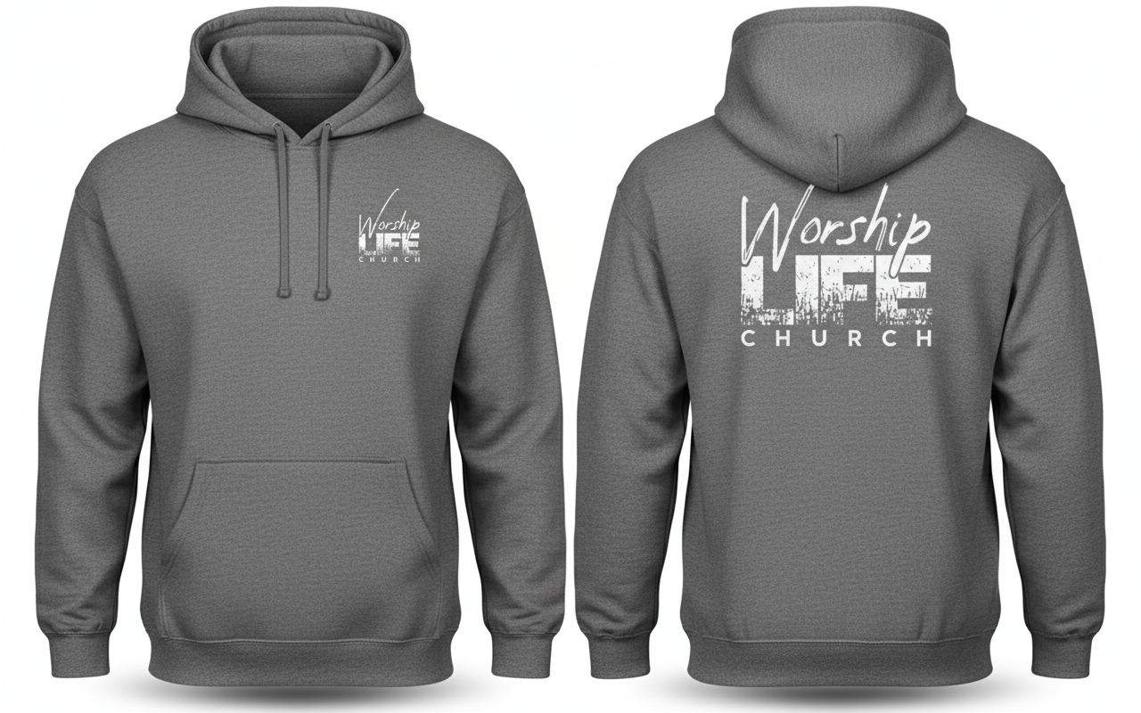 Gray hoodie with 'Worship LIFE CHURCH' text on a white background