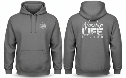 Gray hoodie with 'Worship LIFE CHURCH' text on a white background