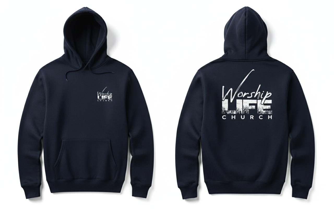 Navy Blue hoodie with 'Worship LIFE Church' text on the back, displayed from front and back views.