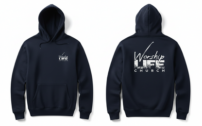 Navy Blue hoodie with 'Worship LIFE Church' text on the back, displayed from front and back views.