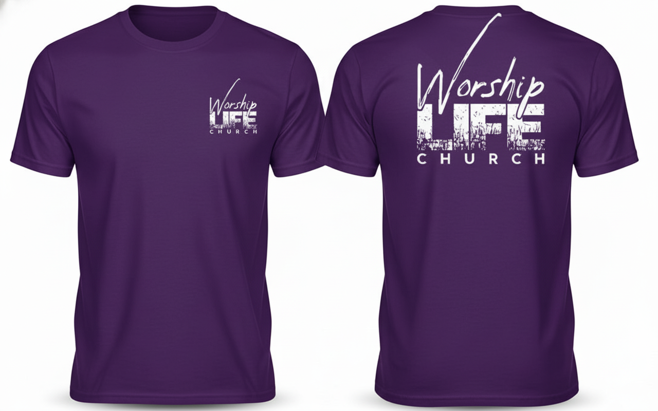 Purple t-shirt with 'Worship LIFE Church' text on front and back