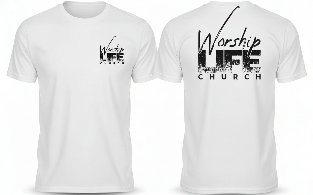 White t-shirt with 'Worship LIFE Church' text on front and back