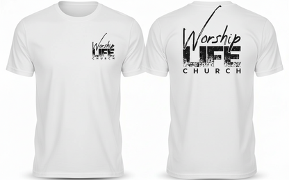 White t-shirt with 'Worship LIFE Church' text on front and back