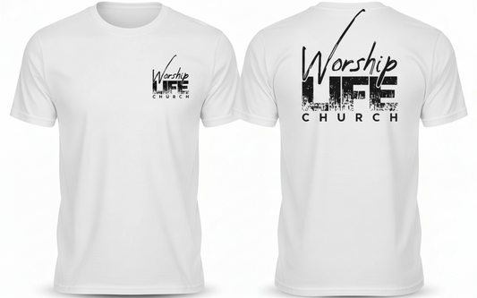 White t-shirt with 'Worship LIFE Church' text on front and back