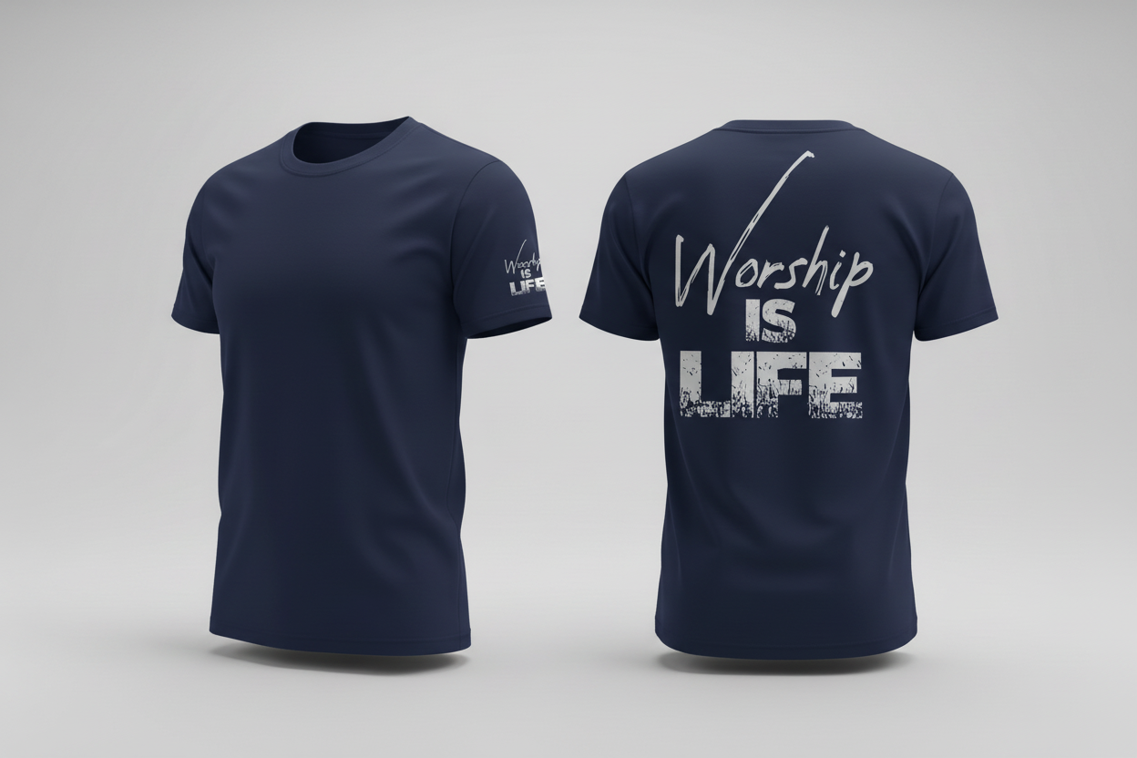 Worship is Life Navy Blue T-Shirt Sleeve and Back