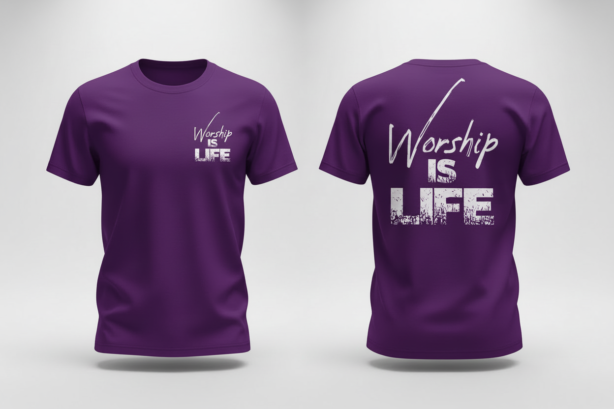 Worship is Life Purple T-Shirt Front and Back