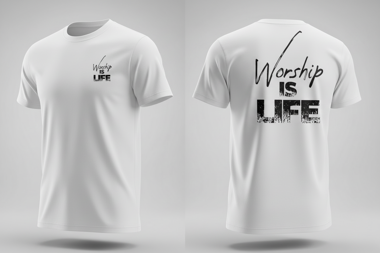 Worship is Life White T-Shirt Sleeve and Back